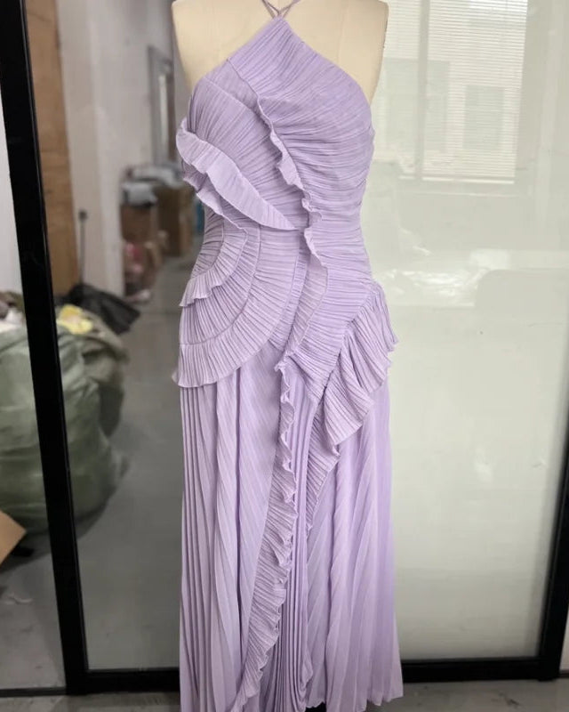 Pleated Ruffle Halter Gown