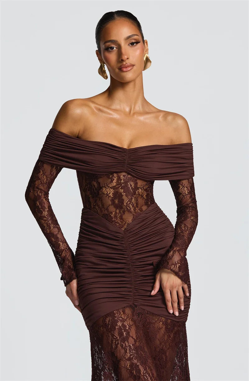 Lace & Ruched Off-The-Shoulder Evening Gown