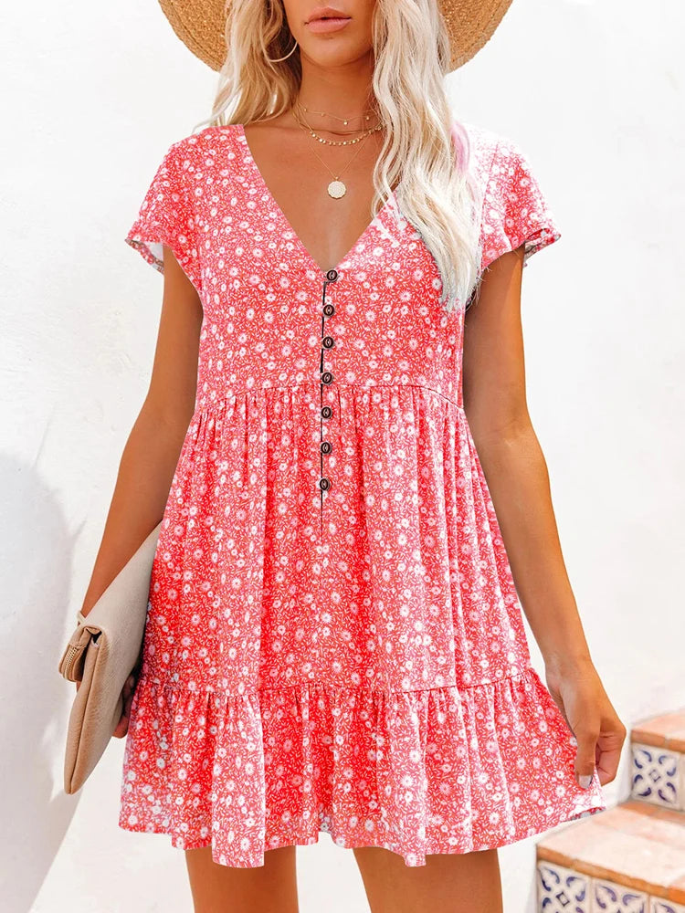 Women Summer Floral Print Short Sleeve V Neck A Line Dress Casual Boho Pleated Mini Dress Beach Party Vacation Sundress 2023