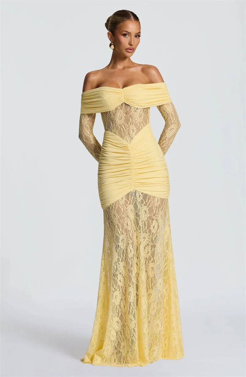 Lace & Ruched Off-The-Shoulder Evening Gown