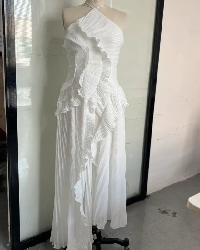 Pleated Ruffle Halter Gown