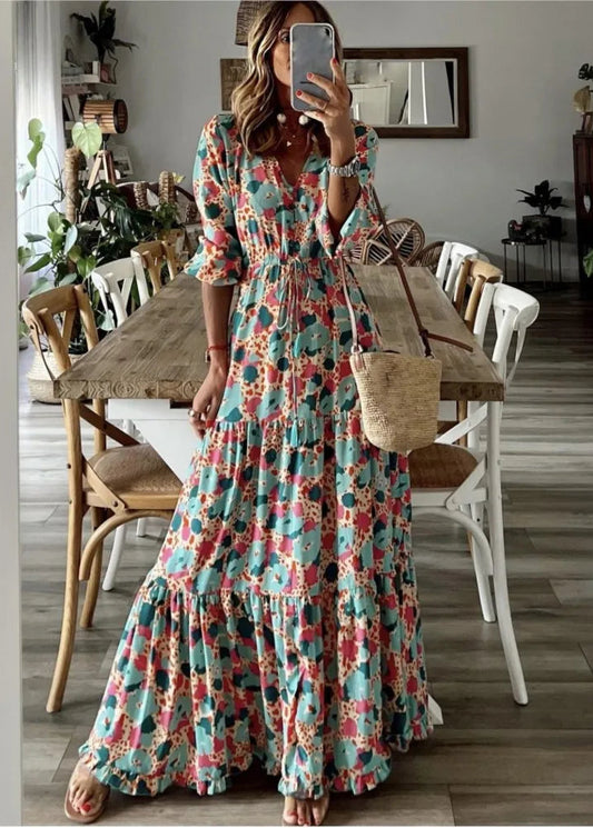 Abstract Floral Tiered Maxi Dress